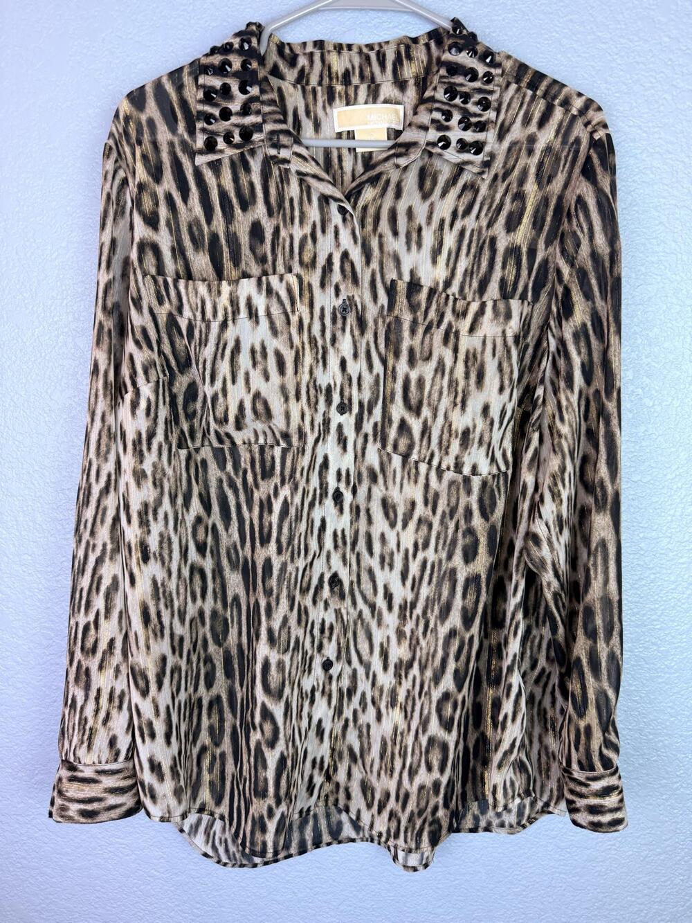Michael Michael Kors Blouse Womens 1X Brown Leopard Beaded Collar Sheer Top